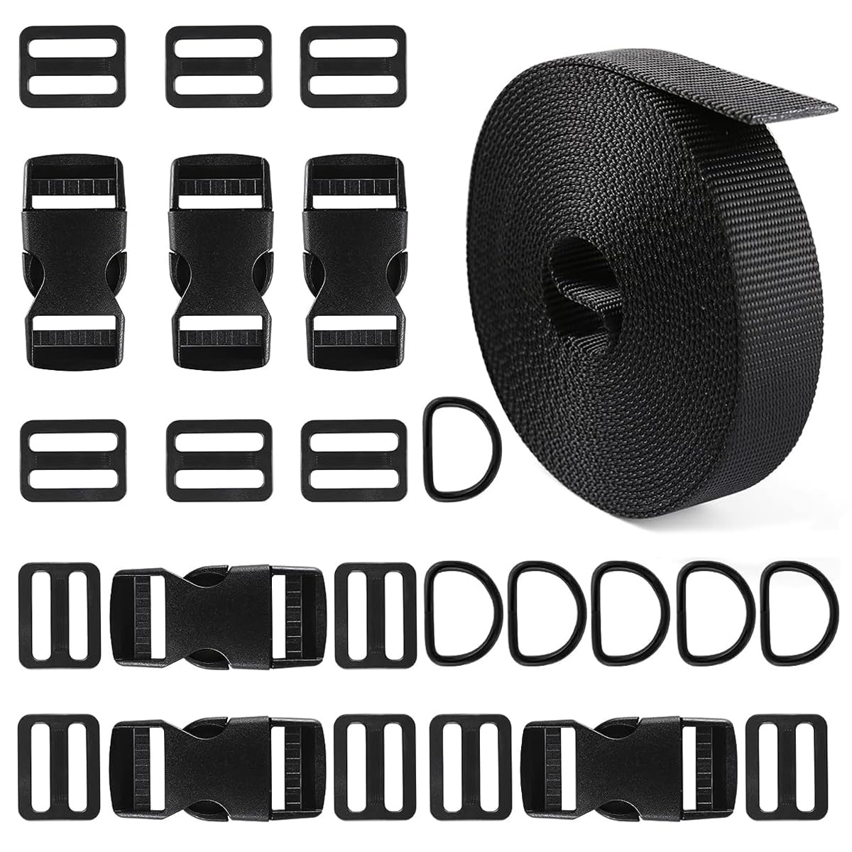 HASTHIP Buckle Strap Set with 6 Yards Nylon Webbing, 6Pcs Metal D Rings, 6Pcs Quick Side Release Plastic Buckles, 12Pcs Tri-glide Slide Clip for DIY Making Luggage Strap, Backpack Repairing HASTHIP Buckle Strap Set with 6 Yards Nylon Webbing, 6Pcs Metal D Rings, 6Pcs Quick Side Release Plastic Buckles, 12Pcs Tri-glide Slide Clip for DIY Making Luggage Strap, Backpack Repairing